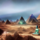 Surreal landscape with pyramids and meditating figure under starry sky