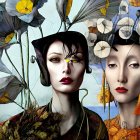 Stylized portraits with intense gazes and vibrant attire against blue sky and yellow flowers.