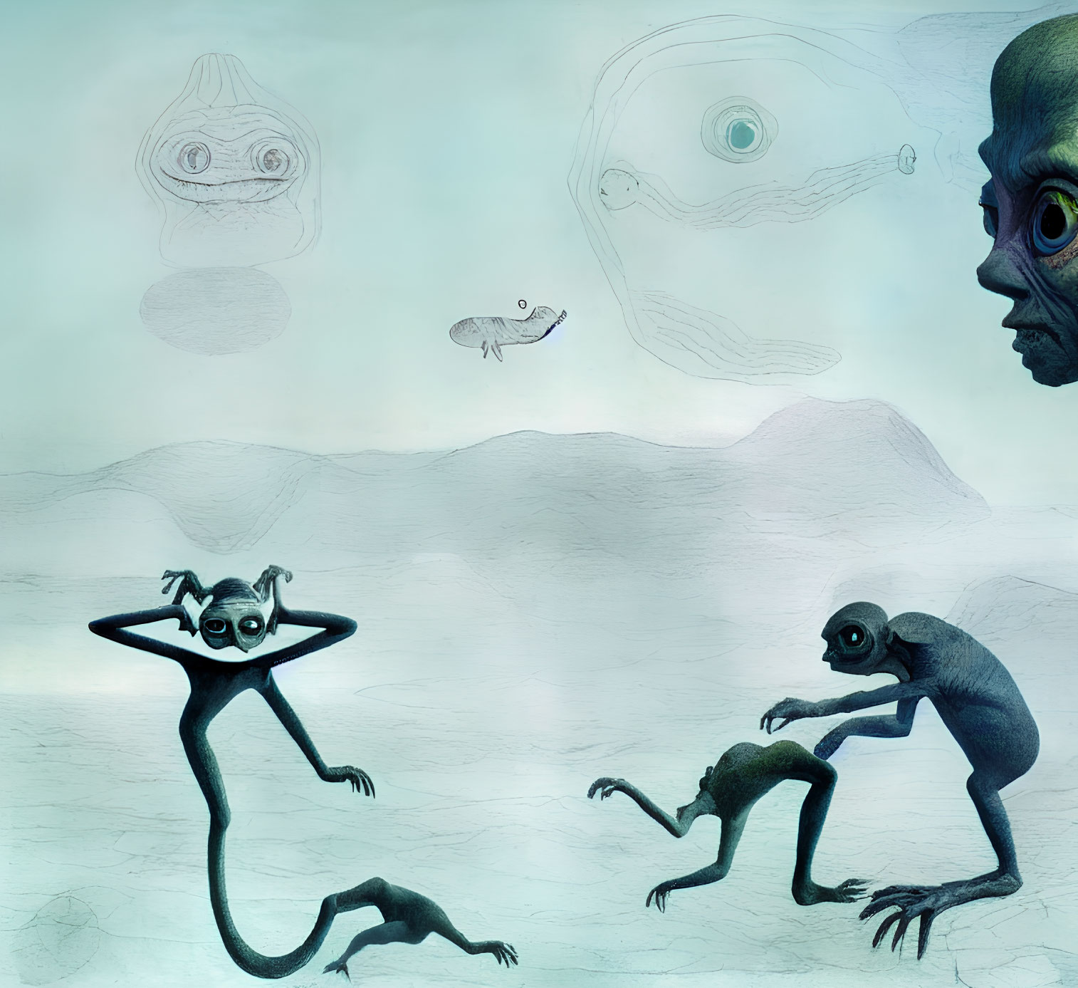 Surreal artwork featuring alien creatures in icy landscape