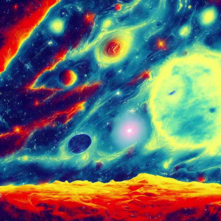 Colorful cosmic landscape with swirling nebulae and bright stars on rocky alien planet surface