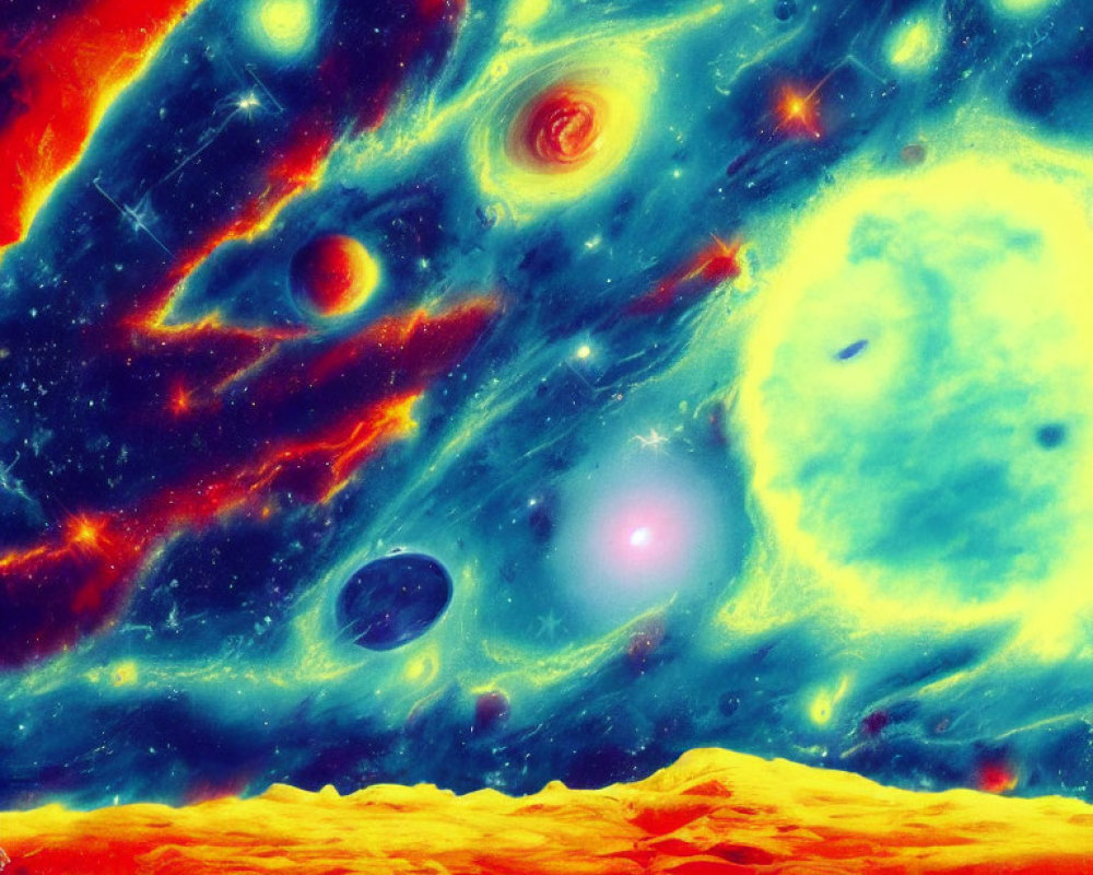 Colorful cosmic landscape with swirling nebulae and bright stars on rocky alien planet surface