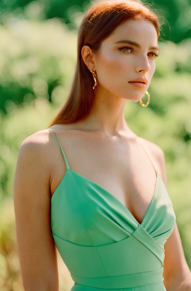 Auburn-Haired Woman in Mint Green Dress Outdoors