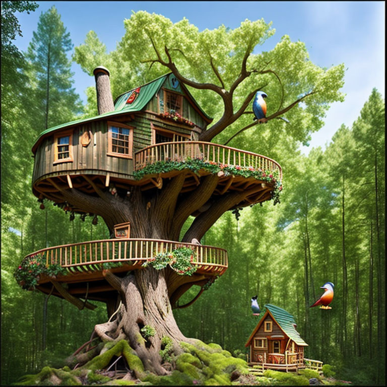 Whimsical treehouse with balcony in lush forest near traditional cabin