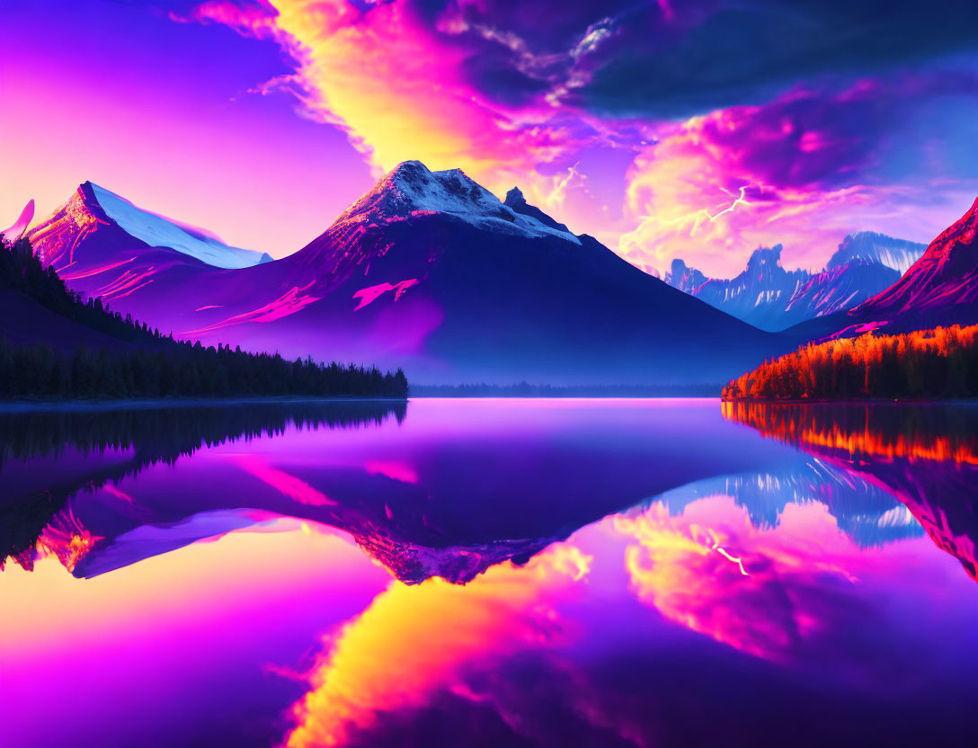 Serene mountain lake at sunset with purple and pink skies