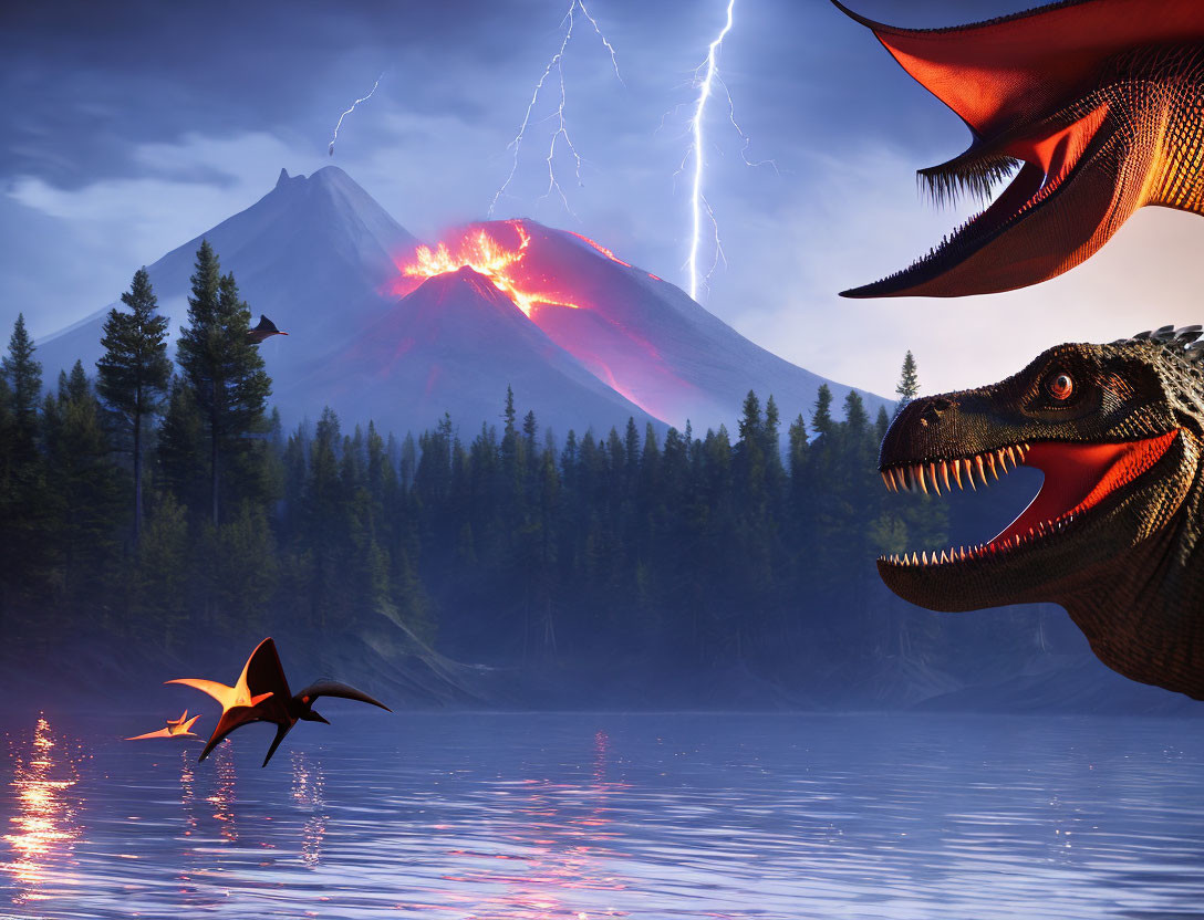 Digital Artwork: Prehistoric Dinosaur Scene with Volcanic Eruption and Lightning