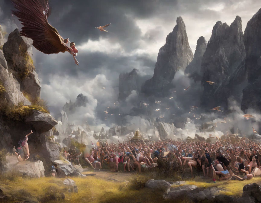Fantastical mountain cliff scene with leaping people and giant birds