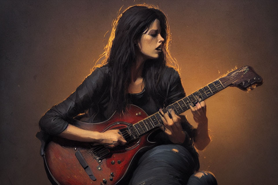 Digital painting of woman playing red electric guitar against warm, dark backdrop