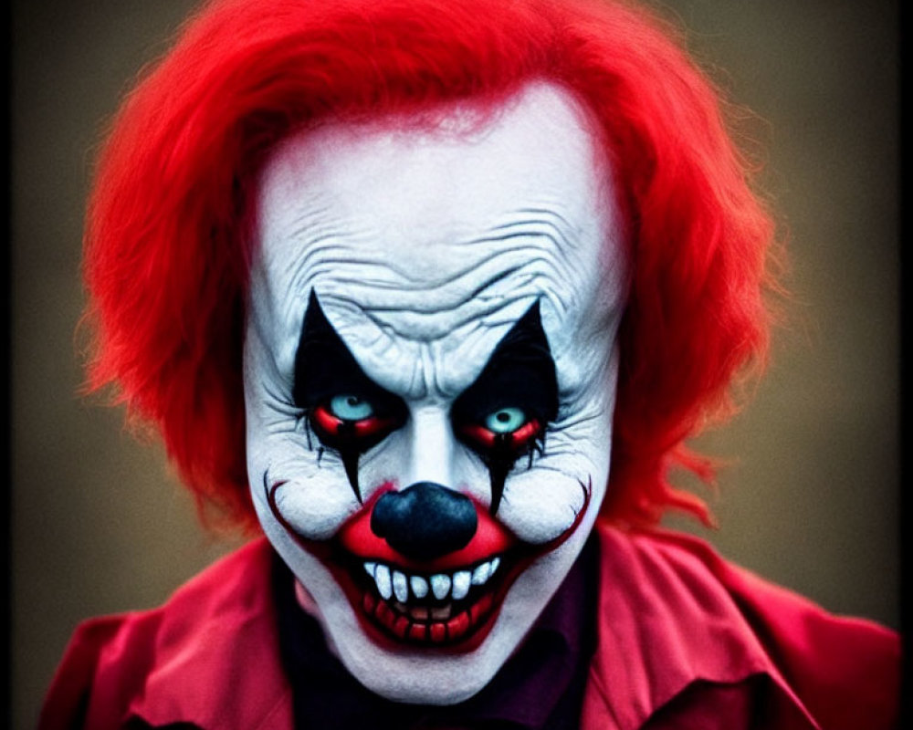 Clown makeup with red hair, white face, sharp teeth, red nose, dark red suit