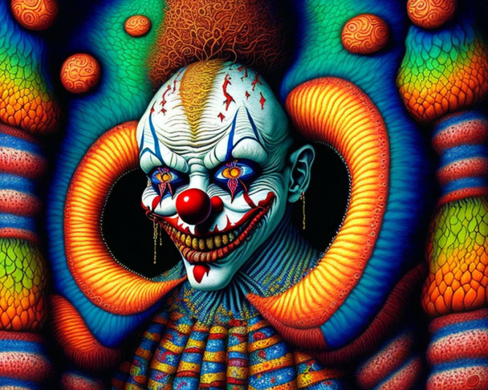Colorful psychedelic clown illustration with exaggerated features