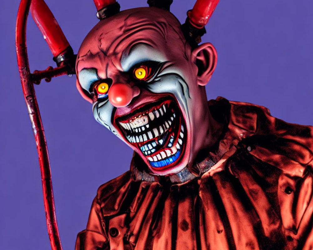 Menacing clown with sharp teeth and glowing eyes on purple background