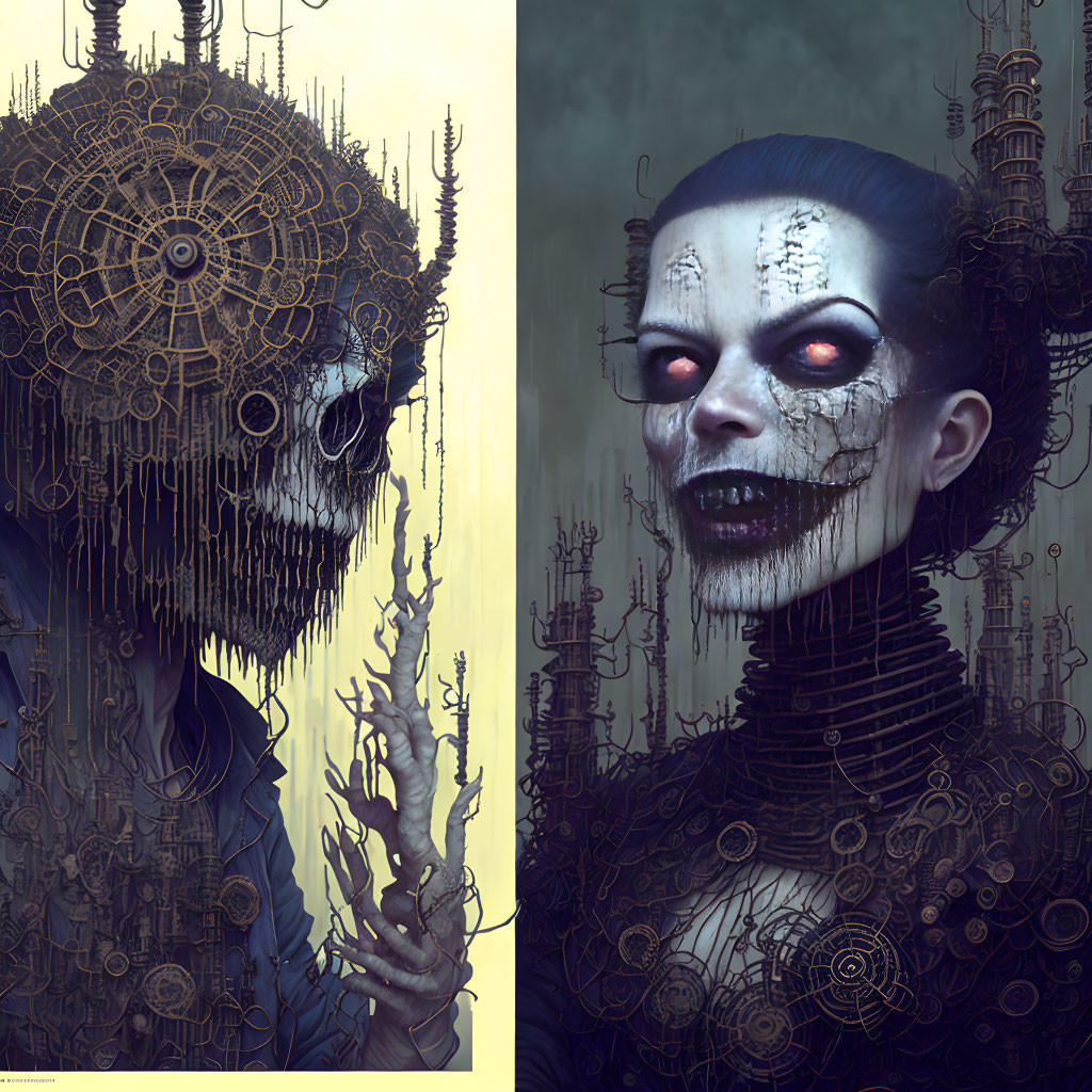Split Image: Humanoid Creature with Skeletal Face and Mechanical Halo Next to Woman with Dark Makeup and