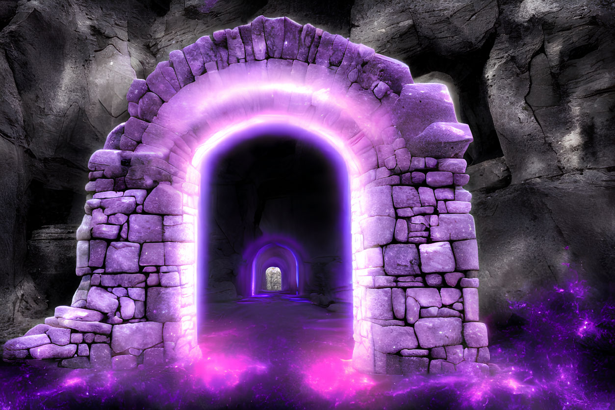 Mystical cave with illuminated stone archway and glowing flora