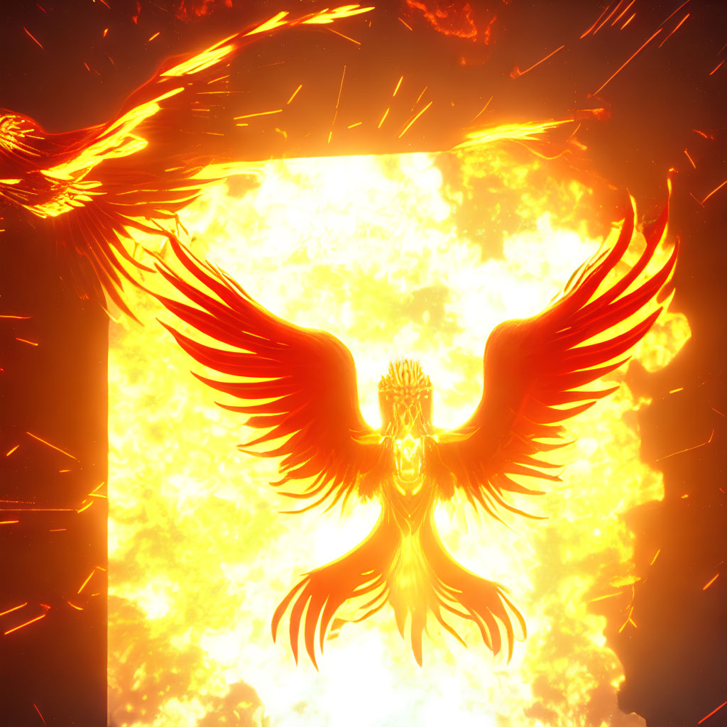 Fiery phoenix with outstretched wings in blazing sun backdrop