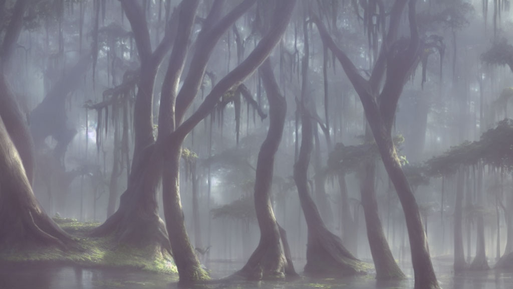 Gnarled trees in misty forest with hanging moss