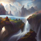 Fantasy landscape with robed figure on cliff, foggy mountains, vibrant flora, sunlight beams