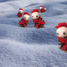 Red-cloaked animated elves in snowy landscape with deer