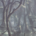 Gnarled trees in misty forest with hanging moss