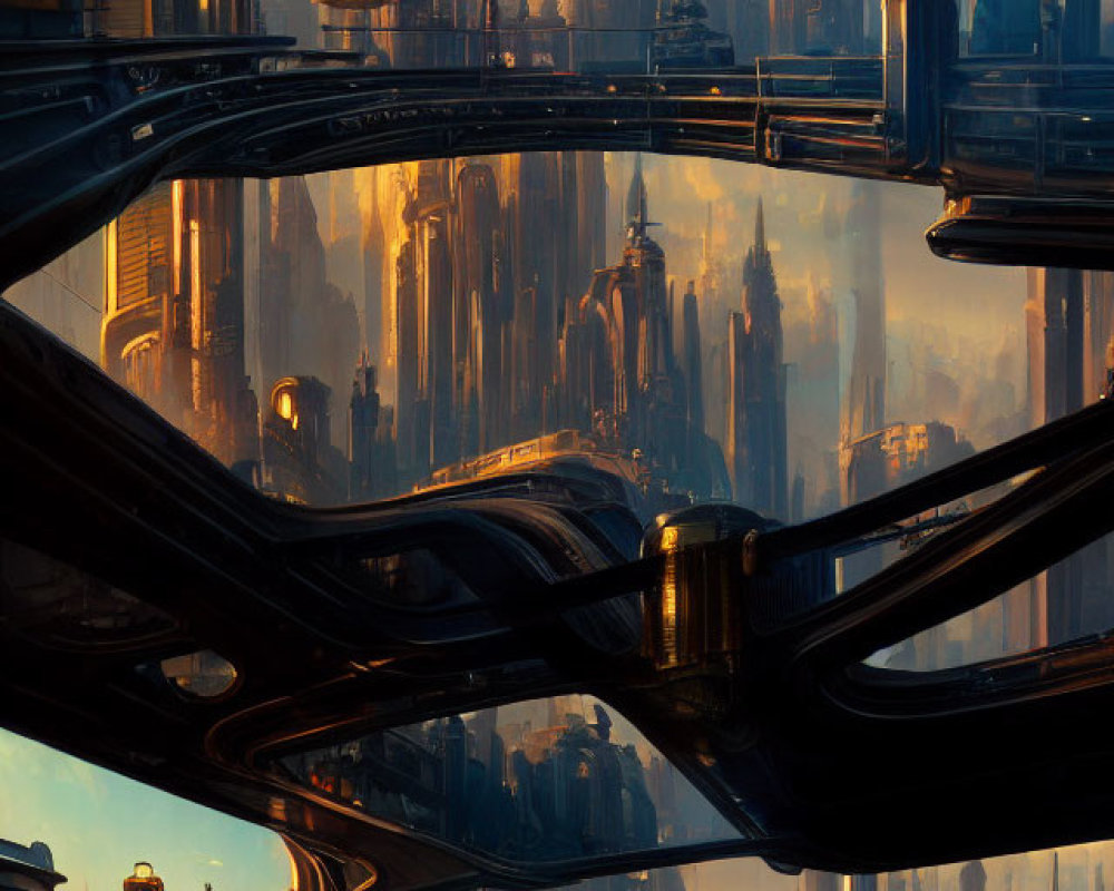 Futuristic cityscape with towering skyscrapers and transit structures at sunrise.