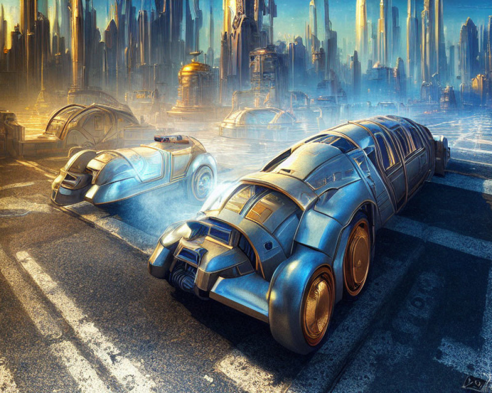 Armored cars racing in futuristic metropolis with skyscrapers