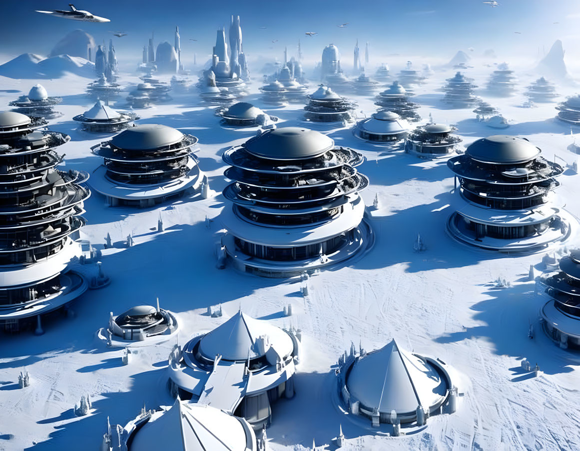Snowy landscape with futuristic city and dome-shaped buildings.