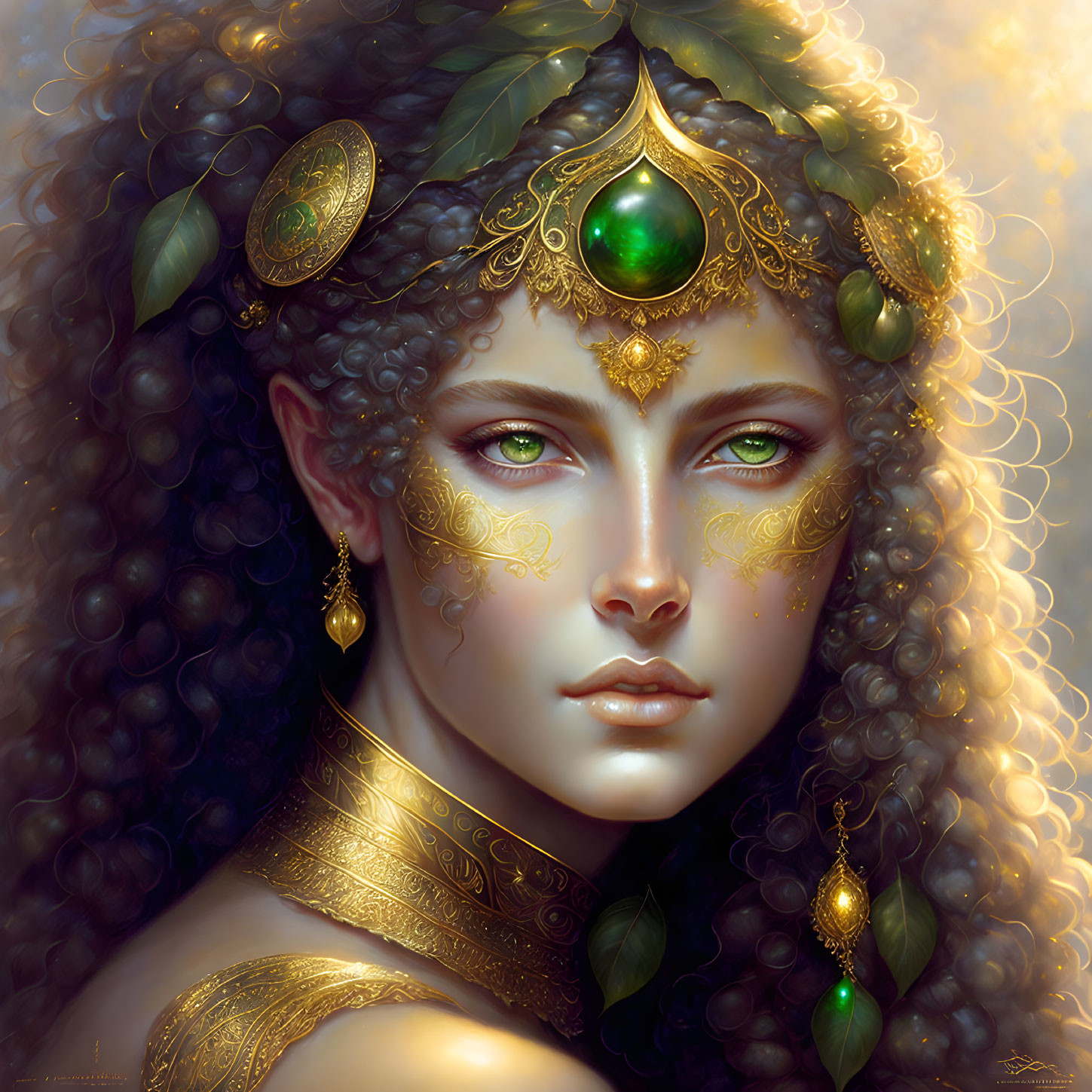 Fantasy portrait of a woman with curly hair and gold jewelry, featuring a green gem on her forehead