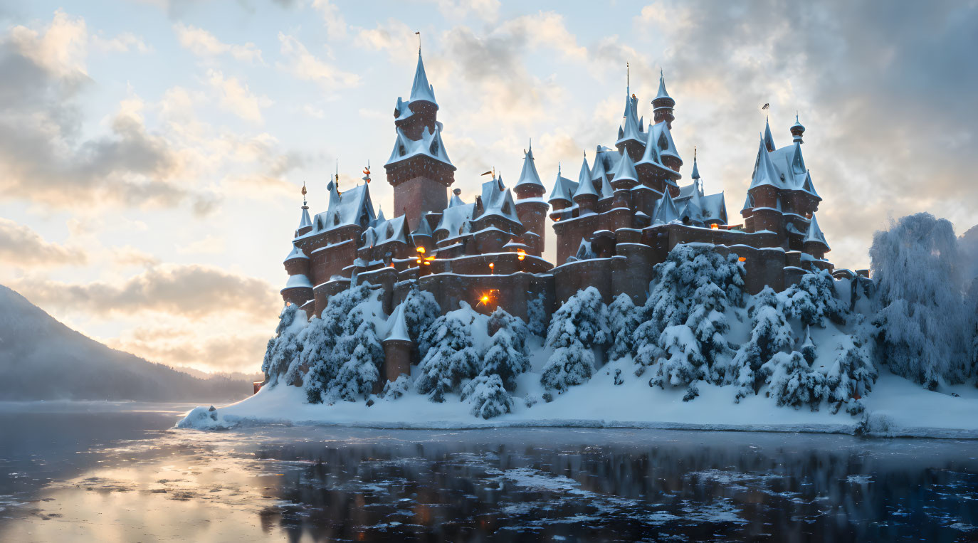 Snowy castle with spires by frozen lake and glowing windows, surrounded by snowy landscape under cloudy sky