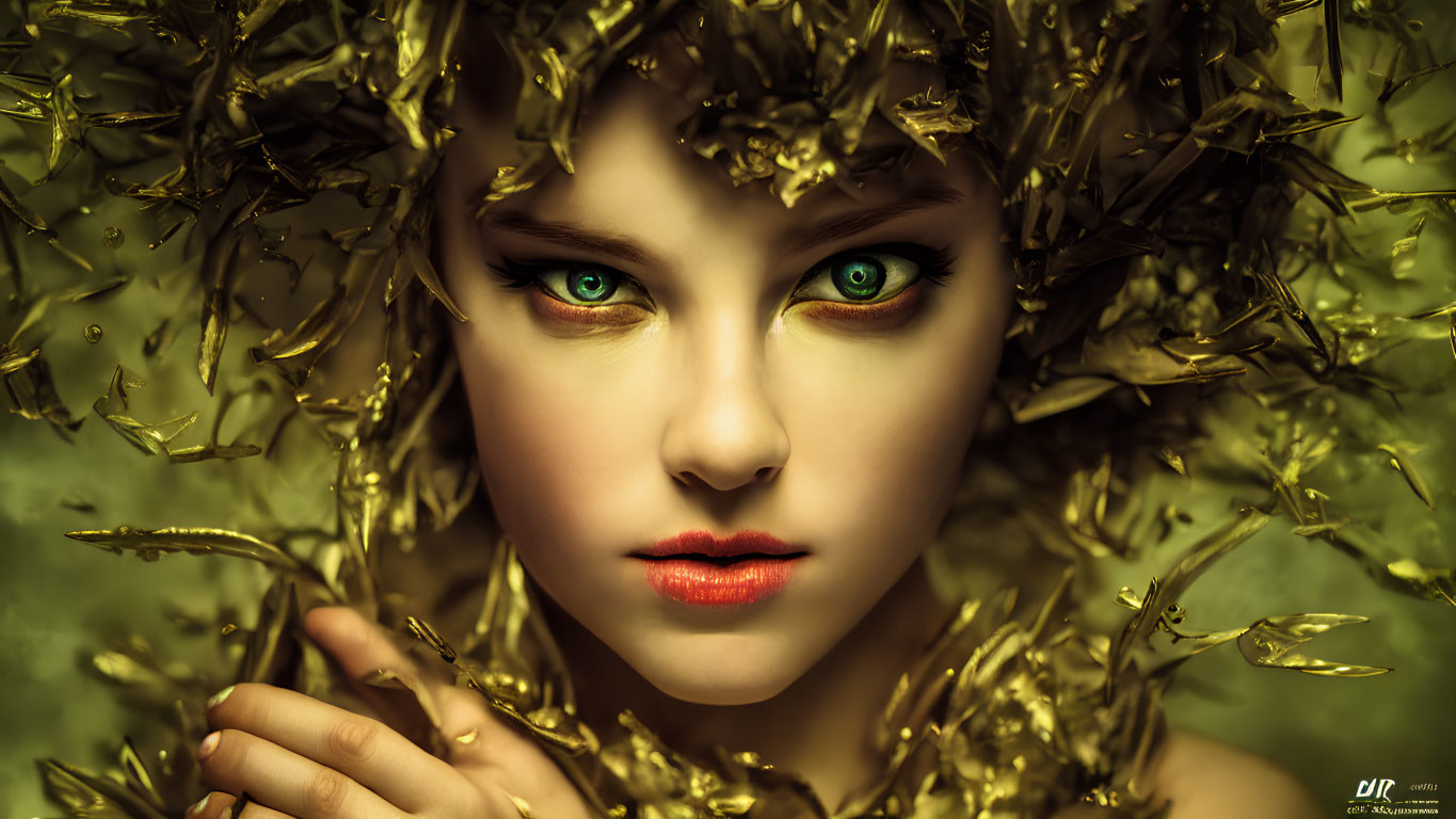 Digital artwork featuring woman with striking green eyes and golden leaf headdress.