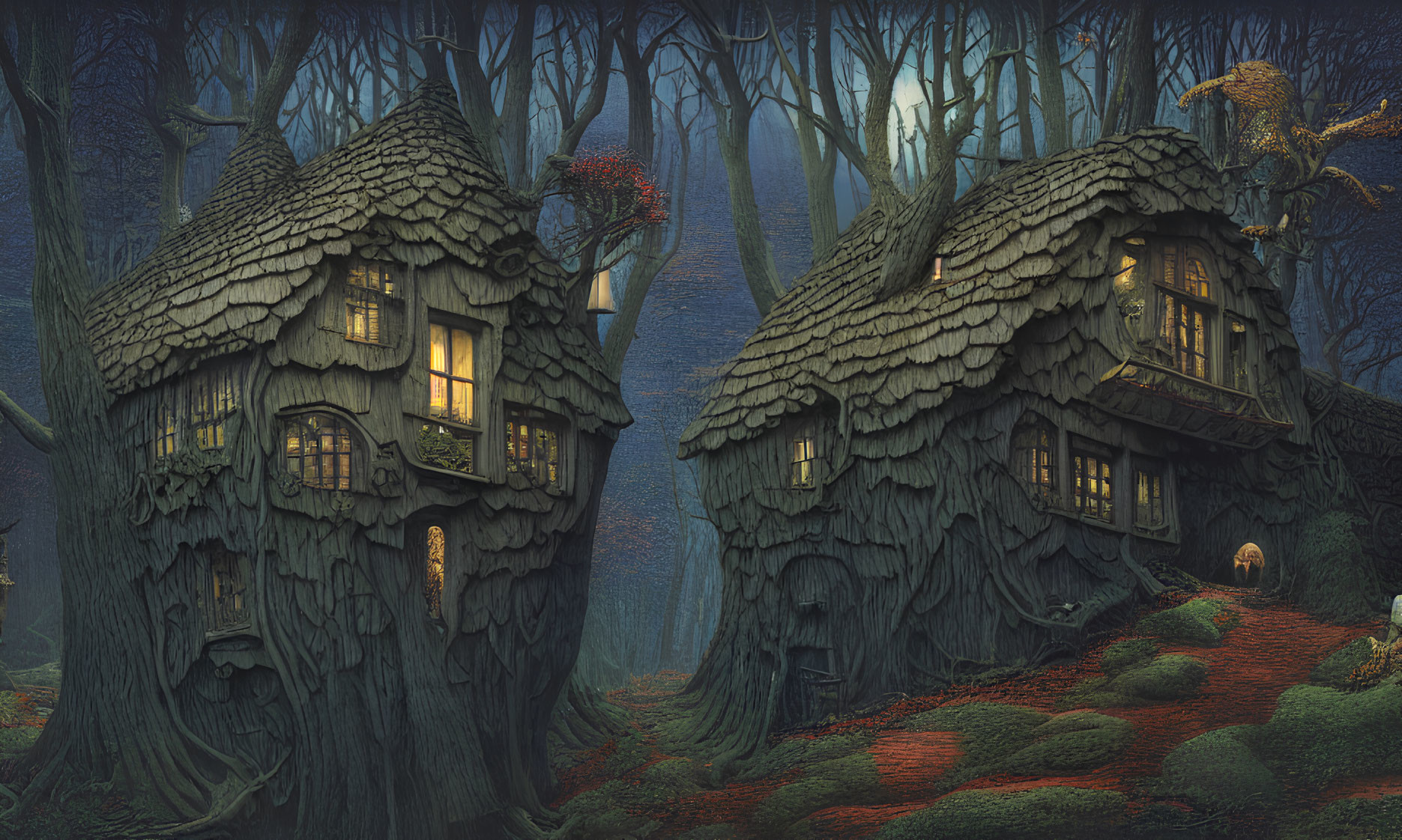 Enchanting tree houses in mystical forest at twilight