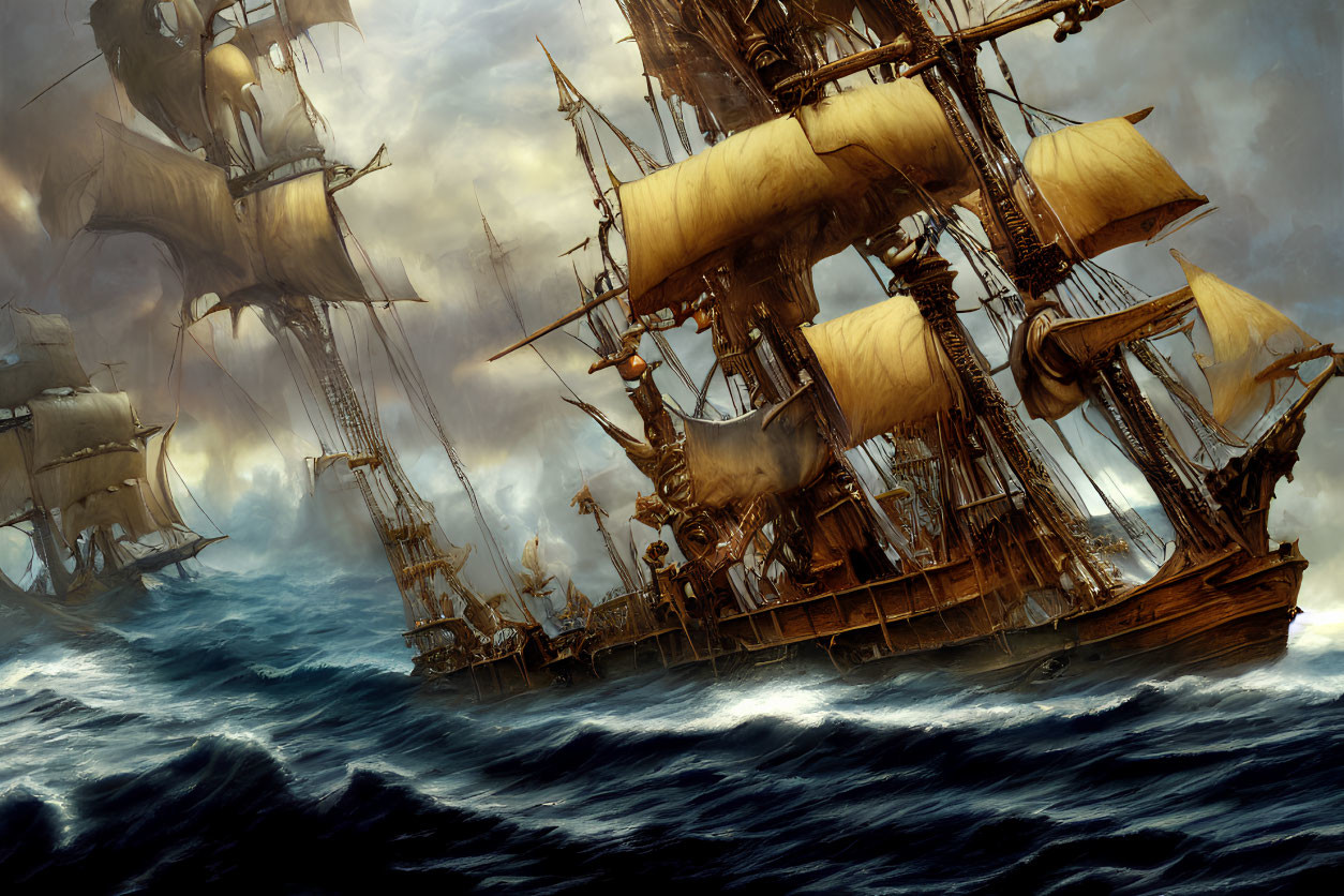 Vintage sailing ships on stormy seas with billowing sails