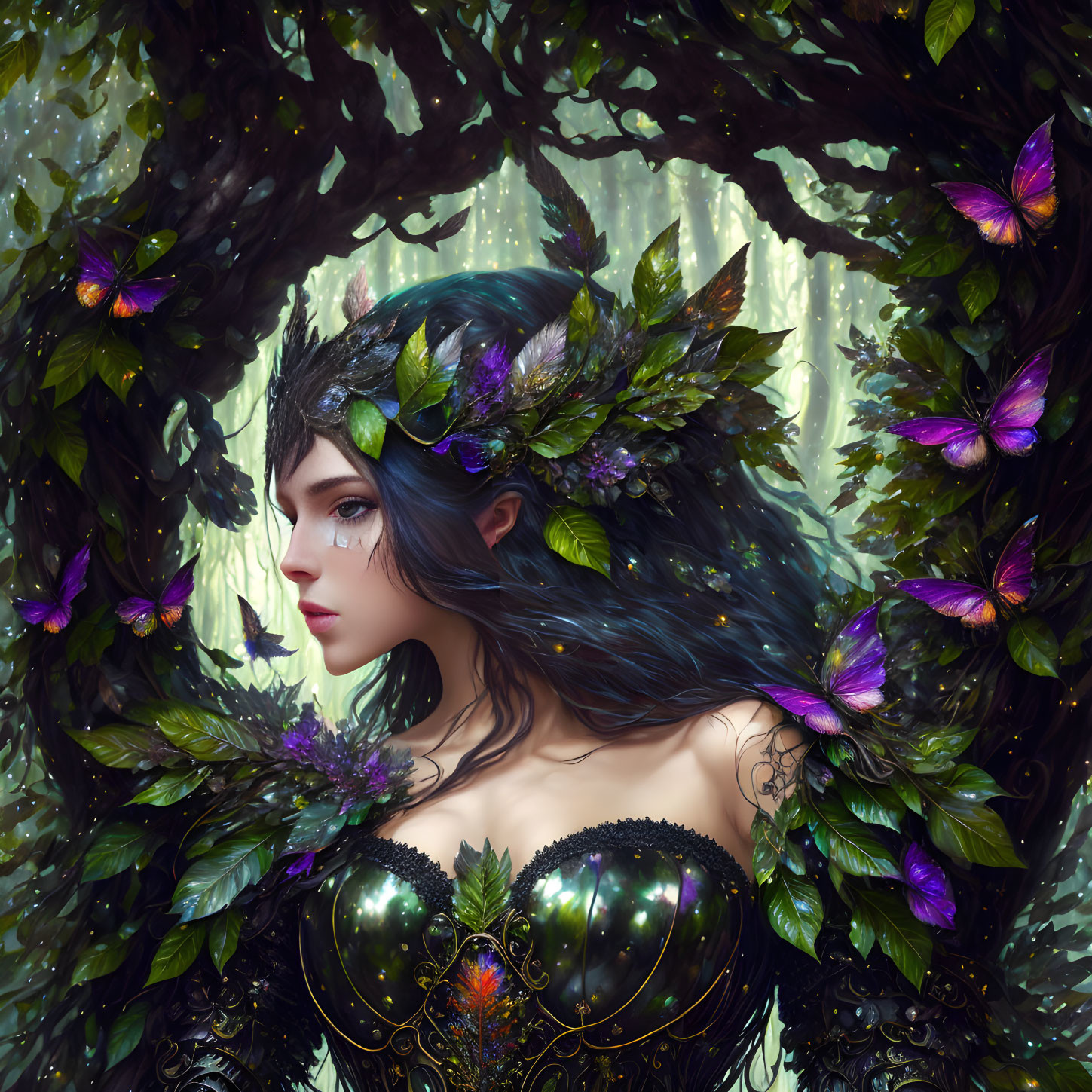 Mystical woman with butterflies and foliage, fantasy forest theme