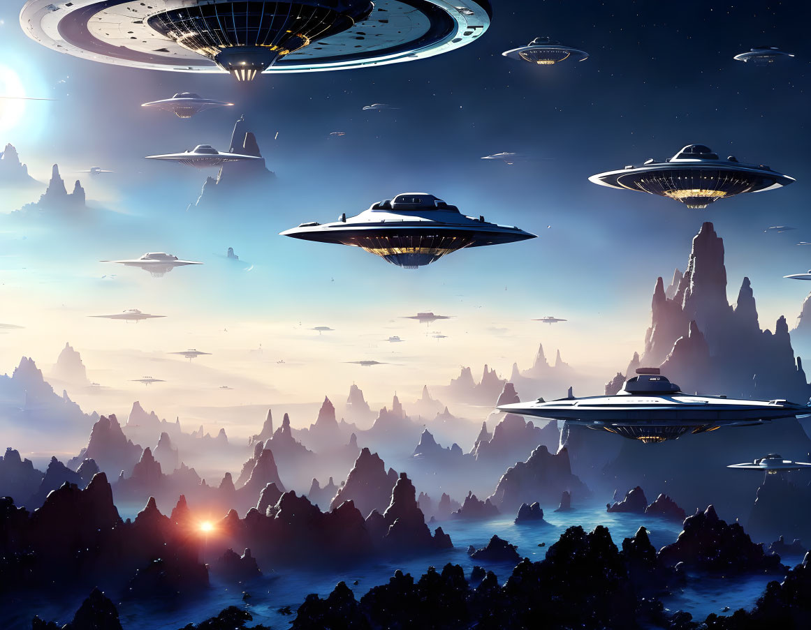 Multiple UFOs hover over rocky alien landscape under starry sky