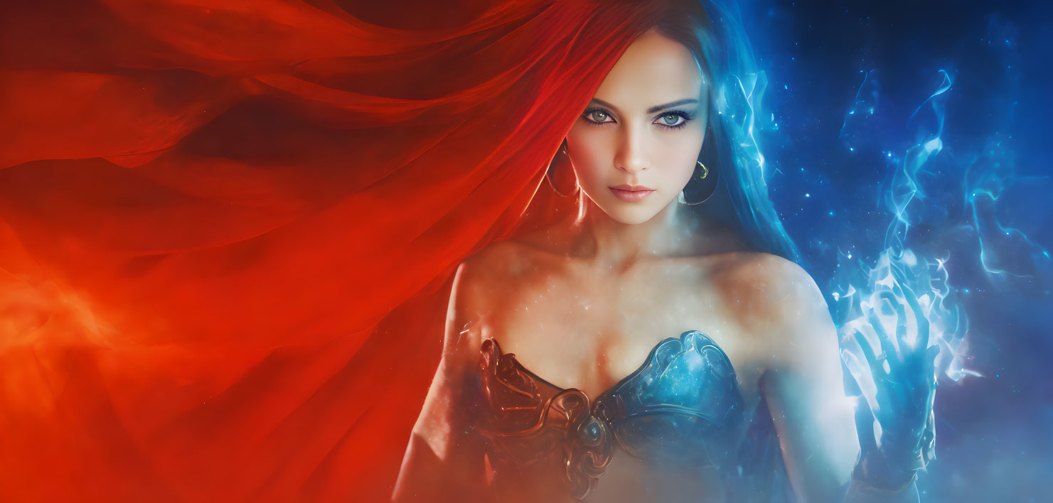 Fantasy digital artwork: Woman with blue eyes and fiery red hair holding mystical blue energy