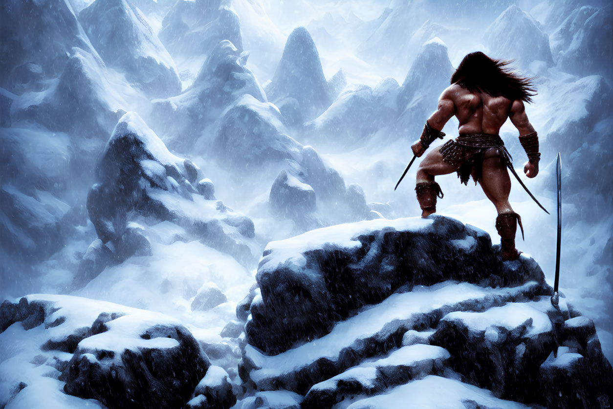 Muscular barbarian with sword on snowy mountain in blizzard