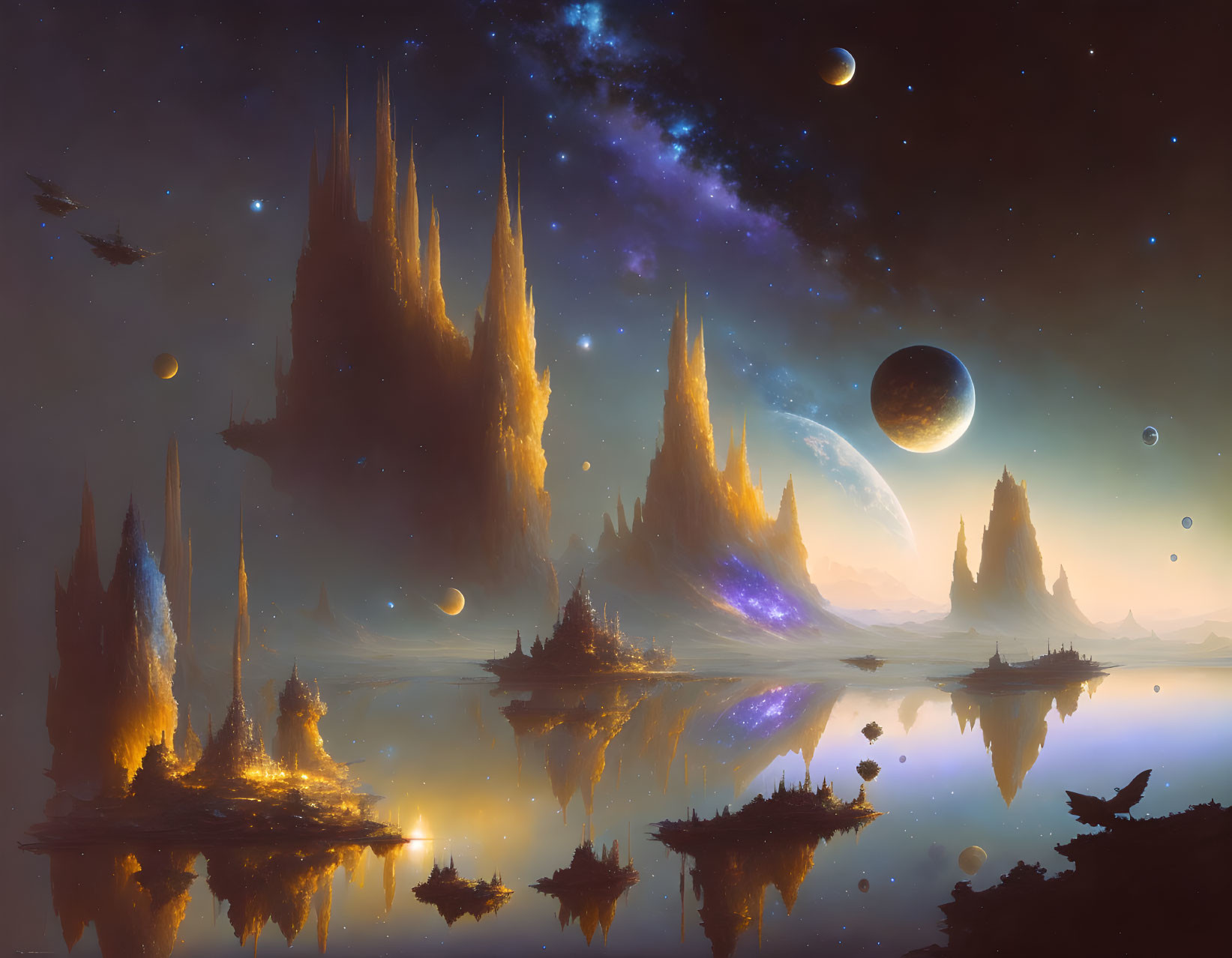 Sci-Fi Landscape: Towering Rocks, Reflective Water, Starry Sky