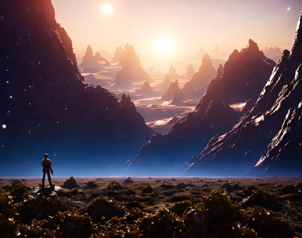 Astronaut on alien planet views sunset with floating rocks and mountains