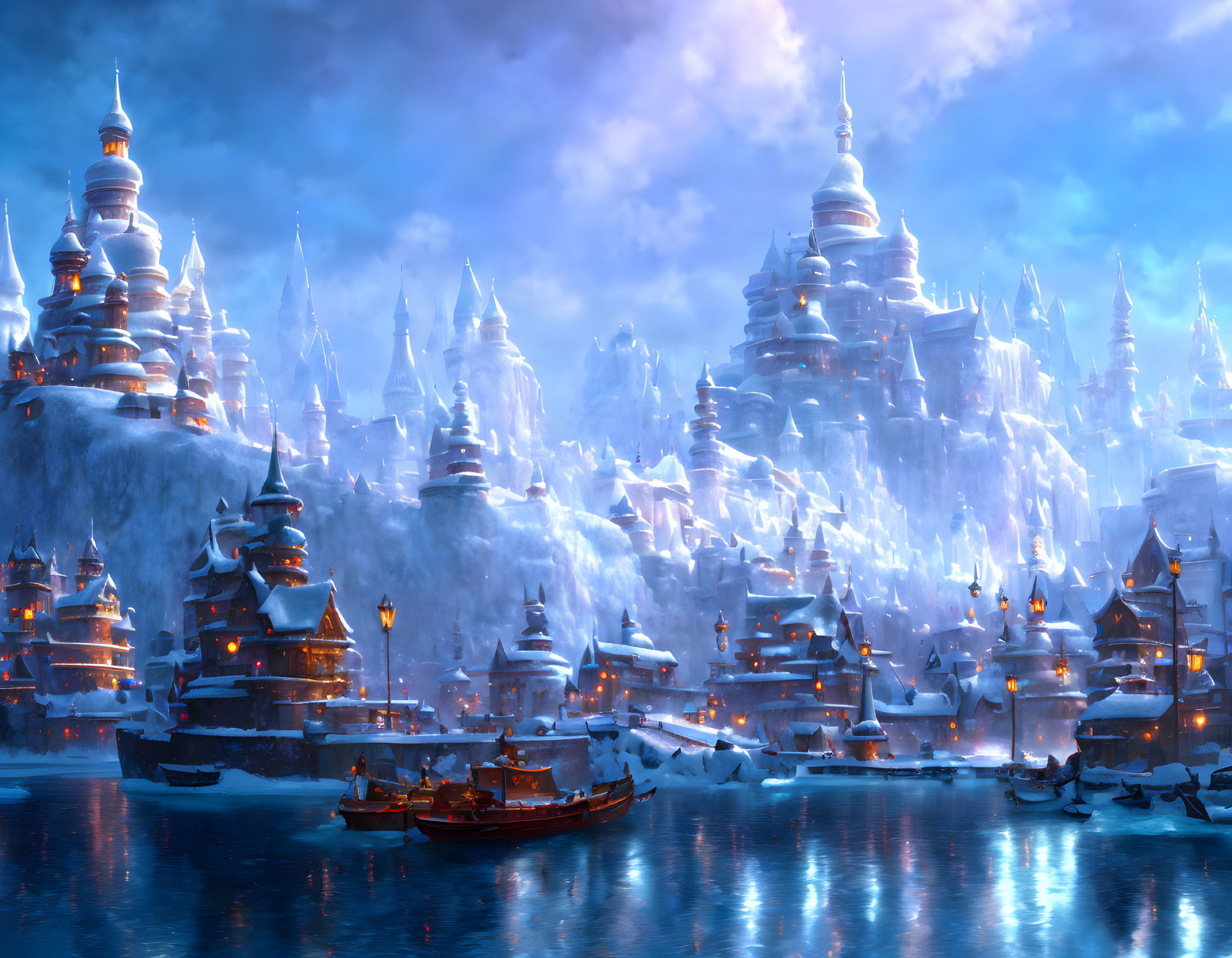 Snow-covered oriental buildings in a fantastical winter scene