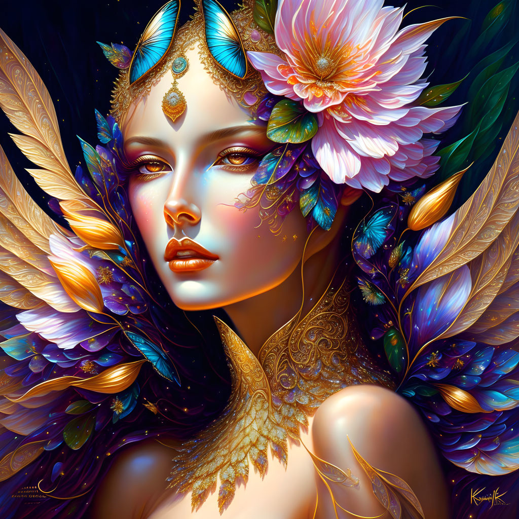 Colorful digital artwork featuring a woman with feathers, flowers, and jewelry