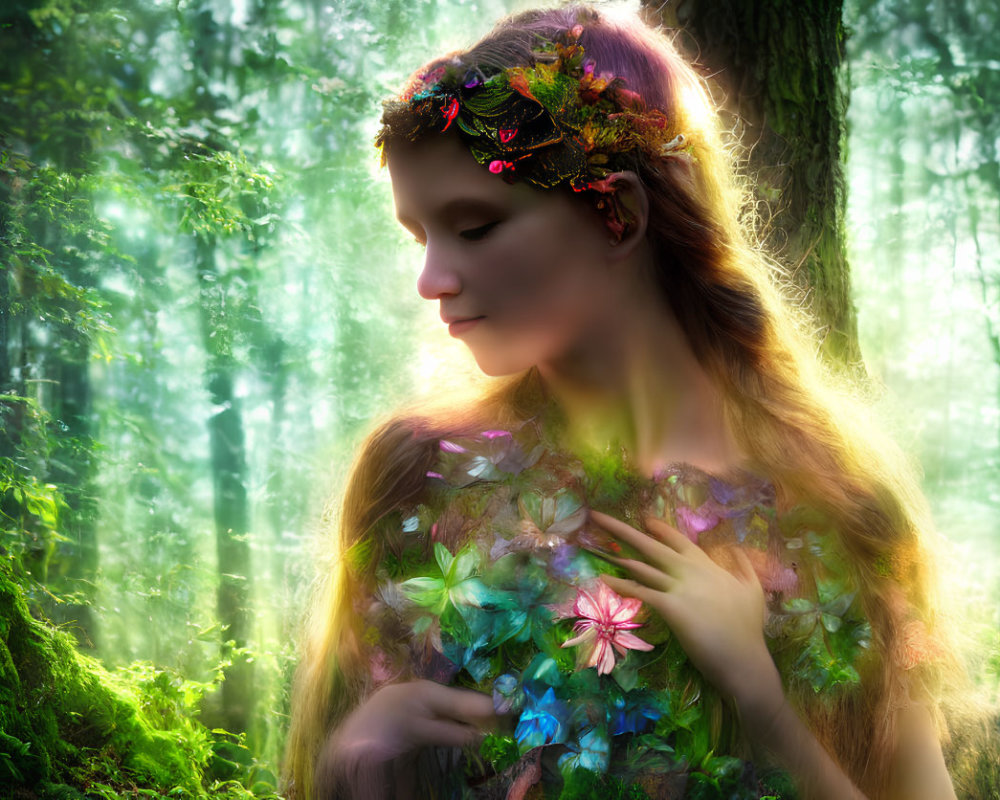 Woman adorned with leaves and flowers in mystical forest setting