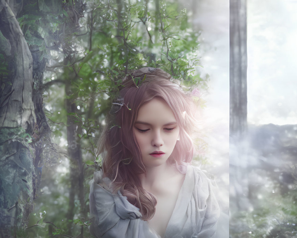 Young woman in floral headpiece amidst misty woods in serene setting