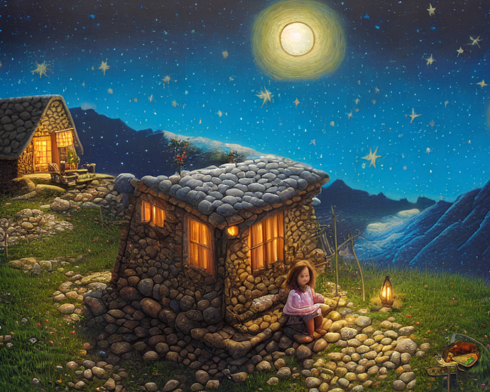 Nighttime scene with girl by stone house, two moons, starlit sky, and campfire