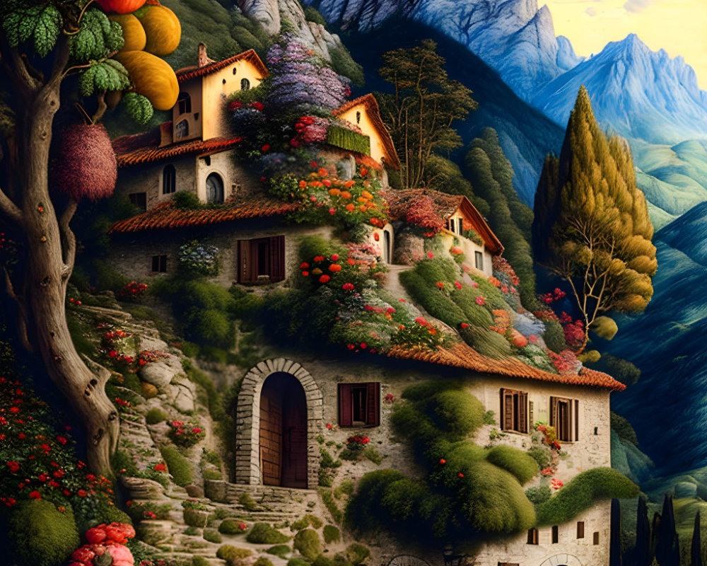 Whimsical artwork of stone village in nature landscape