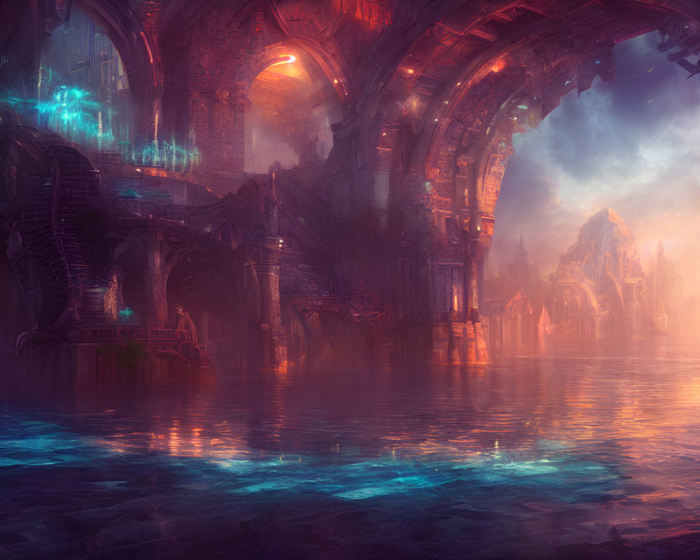 Mystical fantasy landscape with grand arches and glowing atmosphere