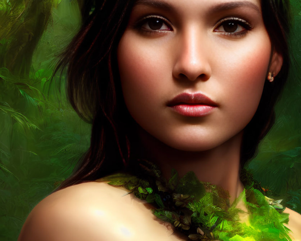 Digital portrait of a woman with leafy crown and nature-inspired attire in a forest setting