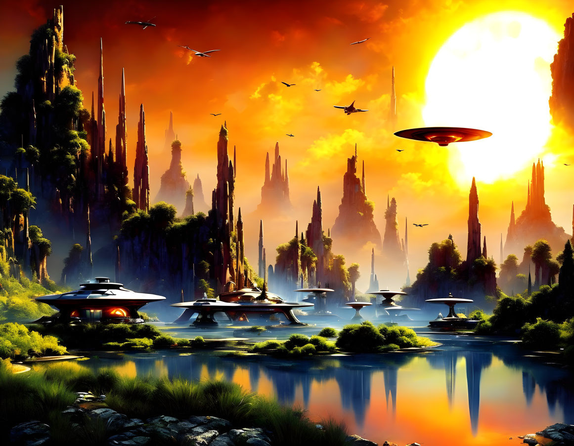 Futuristic sci-fi landscape with rock formations, buildings, UFOs, and water bodies at sunset