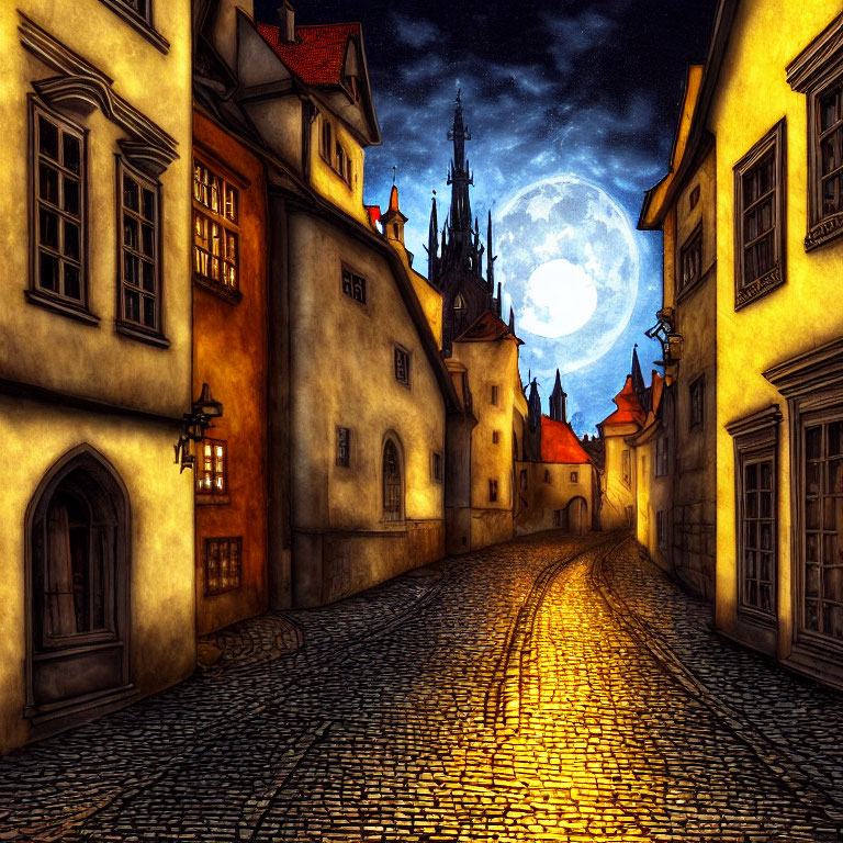 Old Town Cobblestone Street at Night with Gothic Buildings and Moonlit Sky