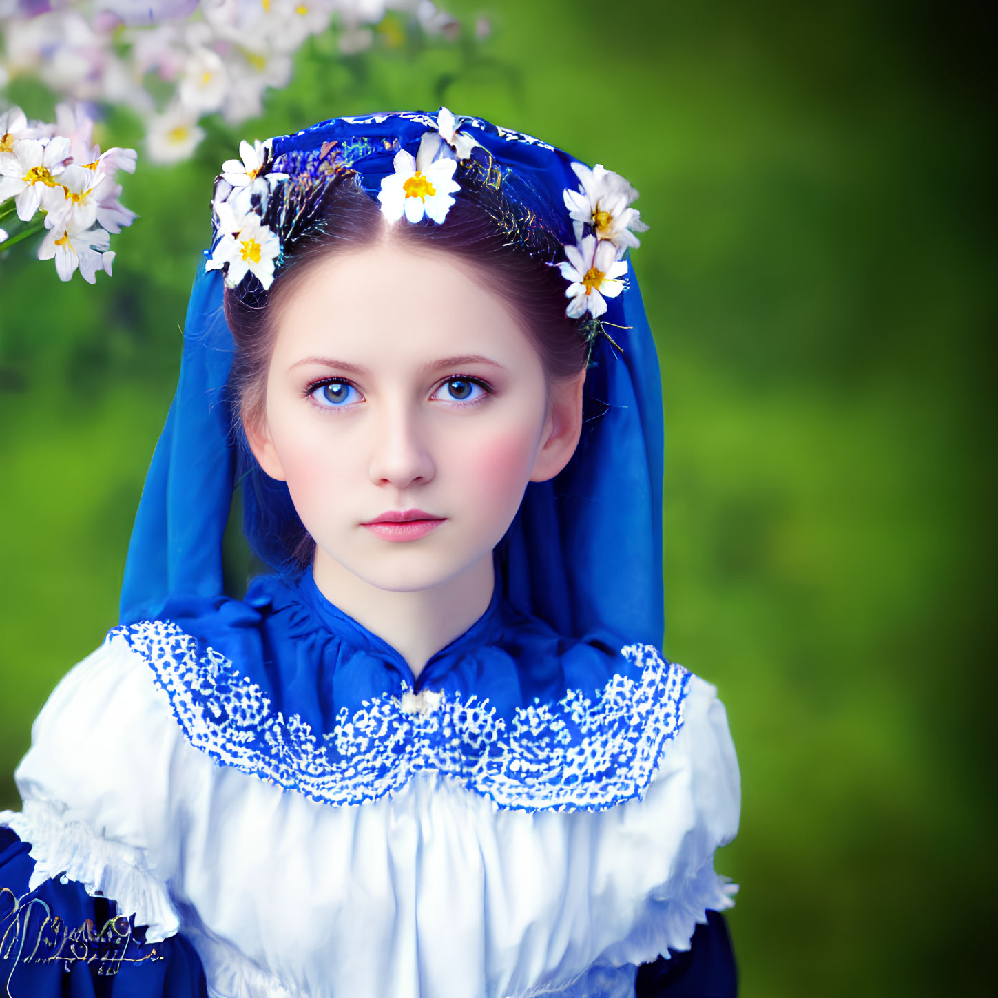 Young woman with blue eyes in blue and white dress and headscarf with flowers on green background