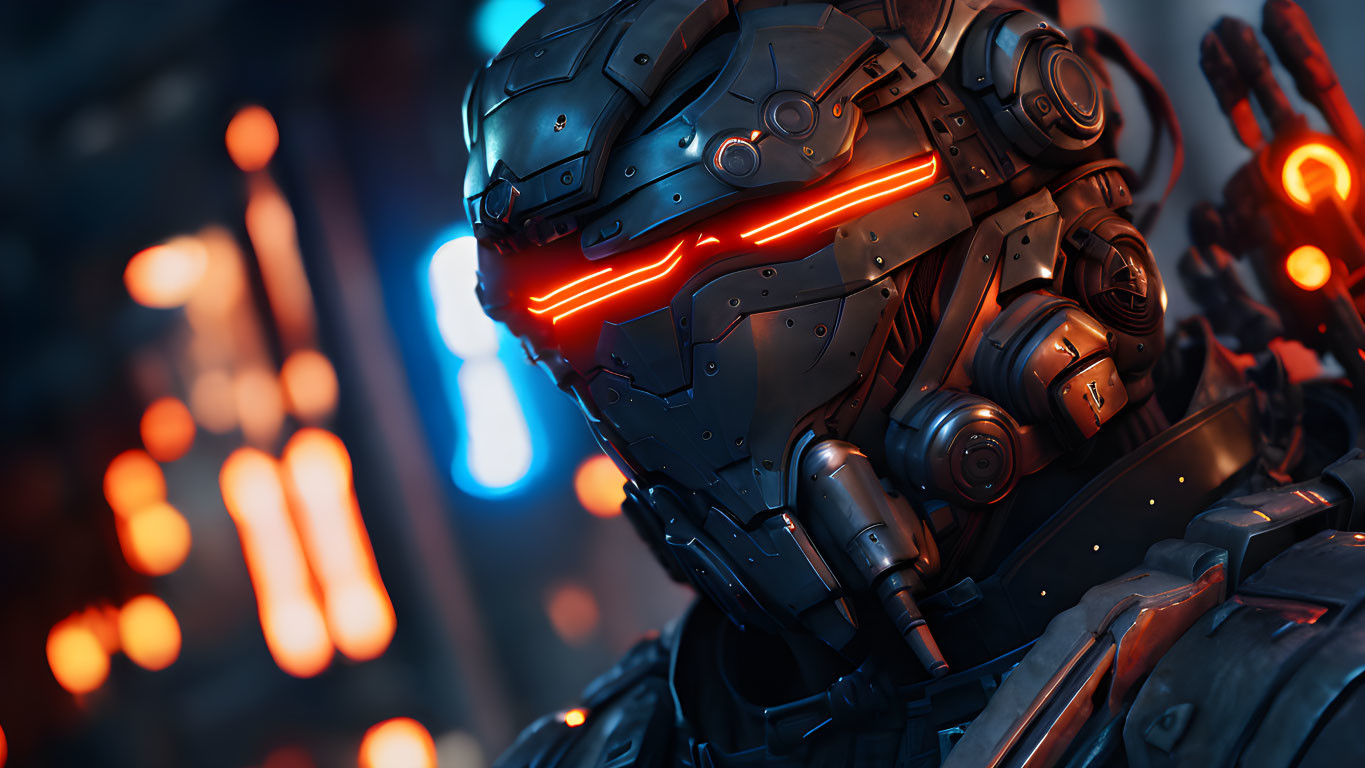 High-Tech Futuristic Robot with Glowing Red Eyes and Armor Details