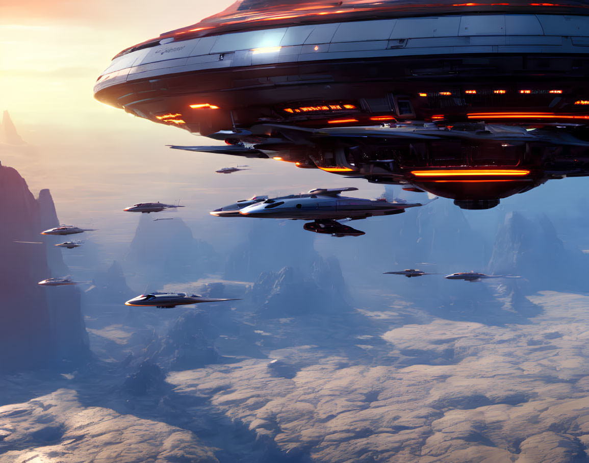 Futuristic spaceships above cloud-covered planet with large mothership at sunset