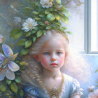 Blonde Girl Portrait with Flowers and Butterflies by Window