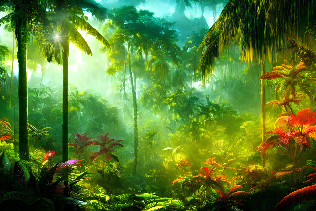 Vibrant tropical rainforest with lush green foliage under golden sunlight.